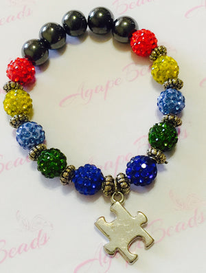 Autism Awareness Silver Puzzle Charm Bracelet - Crystal Balls